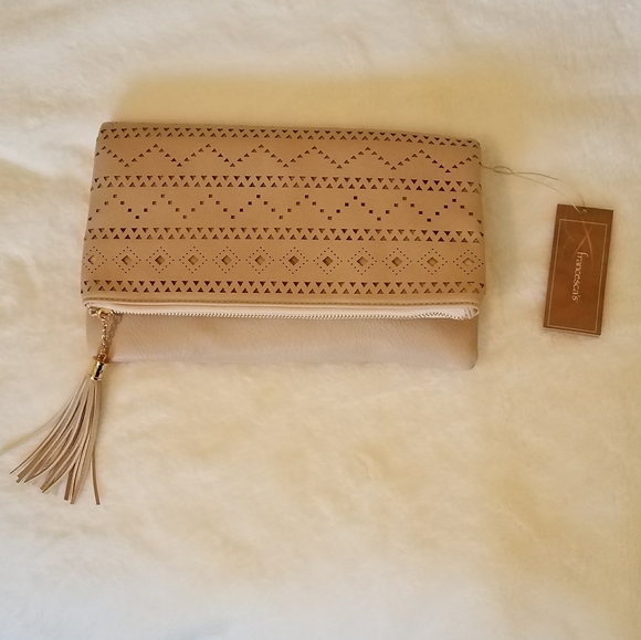 Francesca's Collections Handbags - Tan Tribal Perforated (Clutch and Crossbody)